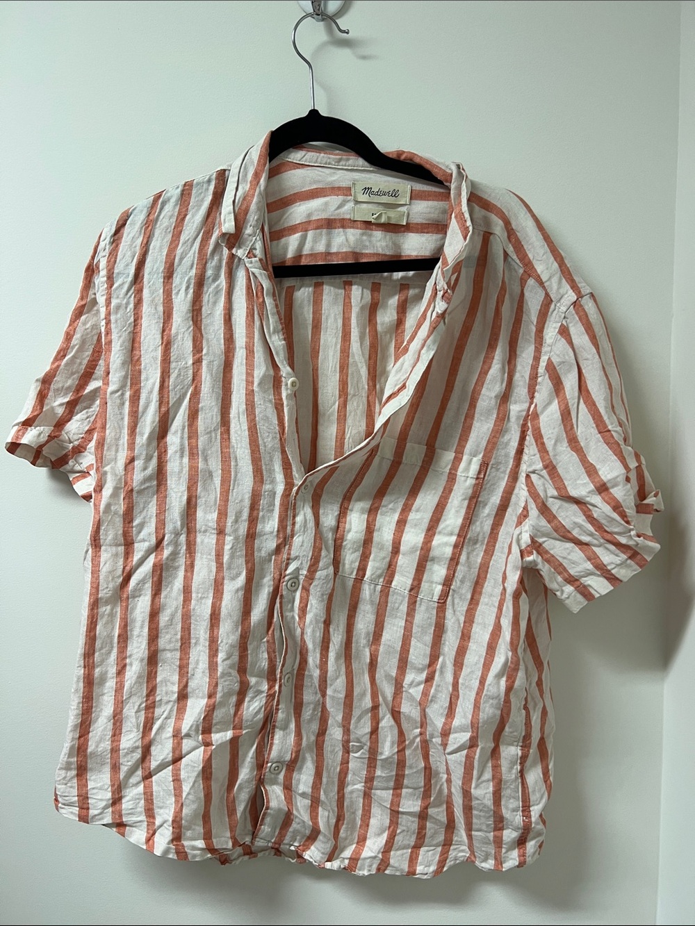 Madewell Men’s Short-Sleeve Button-Front Shirt — White & Rust Stripe